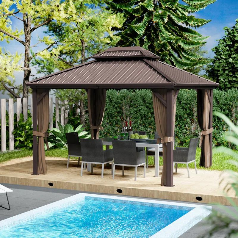 Kozyard Kozyard Caesar Gray Double Roof Hardtop Gazebo with Privacy Curtain and Mosquito Netting