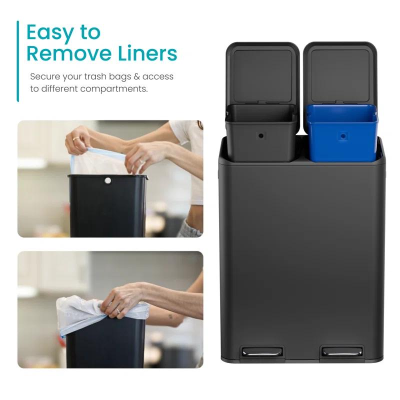 Home Zone Living Home Zone Living 16 Gallon Stainless Steel Kitchen Trash Can and Recycling Dual Compartments with Step Pedals and Soft-Close Lids