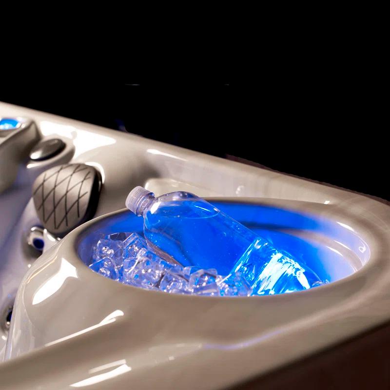 Amplified 6-Person 100-Jet Double-Lounger Hot Tub Spa with Bluetooth Stereo, 3 Pumps, LED Lighting, Stainless Steel Heater and Ozonator, Insulated Cover and Steps Included