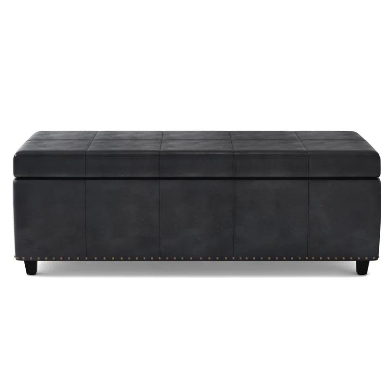 Simpli Home Kingsley 48"W Upholstered Storage Ottoman with Lift-Top Lid, Nailhead Trim, and Stitching Detail