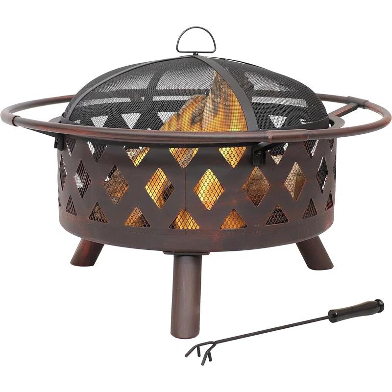 Alcott Hill® Mast Round Wood-Burning Bronze Finish Crossweave Fire Pit with Screen and Poker