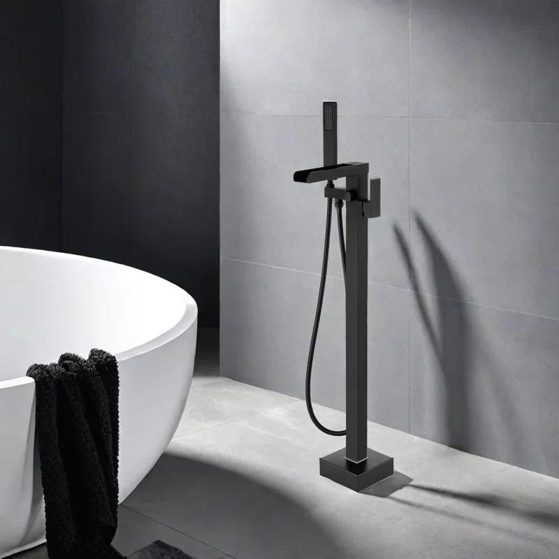 AlenArtWater Waterfall Tub Filler Freestanding Bathtub Faucet Floor Mount Brass Single Handle Bathroom Faucets with Hand Shower 94-LJQKCZ