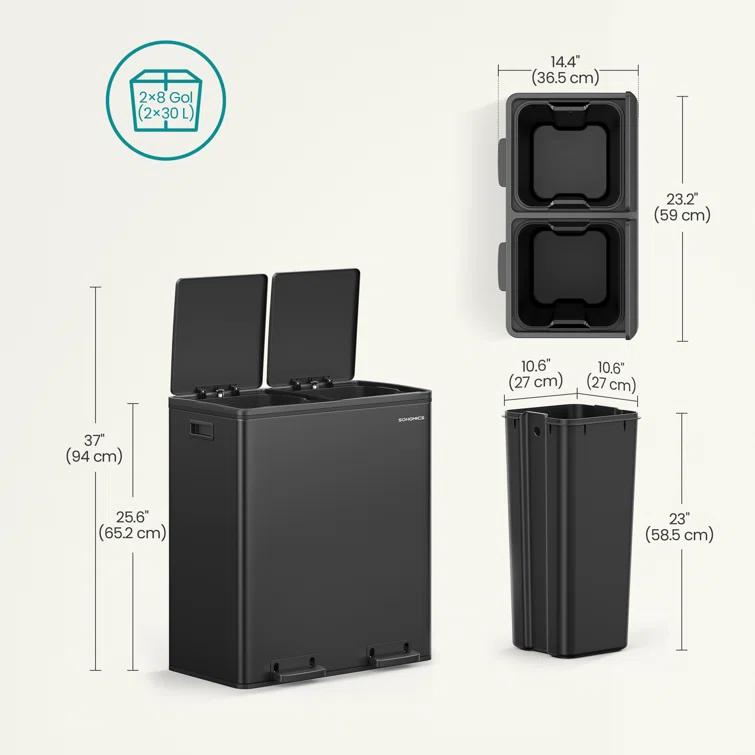 Songmics 2 x 8 Gallon Stainless Steel Multi-Compartments Trash Can with 15 trash bags
