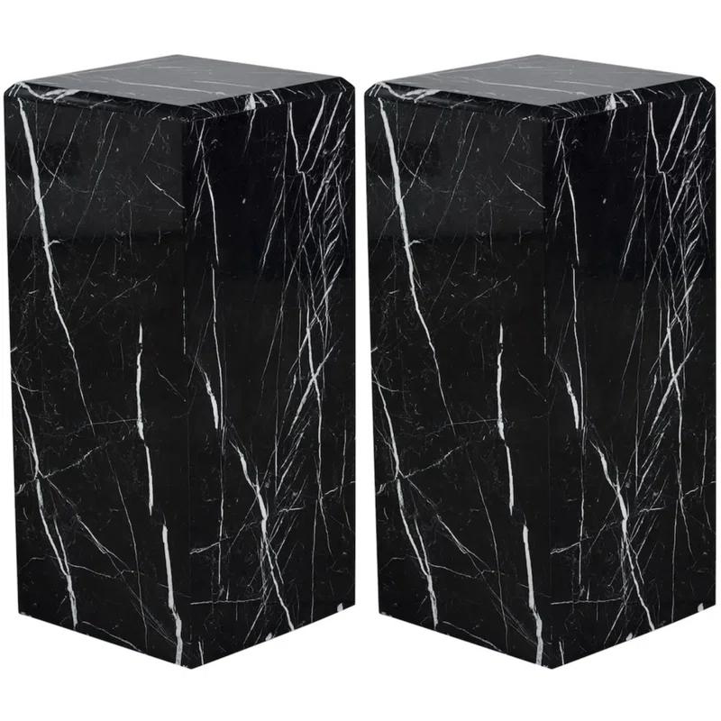 BETACH Genuine Marble Black Plinth Side Table (Set of 2)