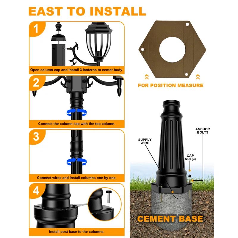 HONGKONG YEEZEN LIGHTING CO., LIMITED Lamp Post Outdoor Lighting, 3-Head Black Hard Wired Pole Light For Outside, E26 Base Maximum 100W (Bulb Not Included), Waterproof Street Light Fixture For Yard, Garden, Driveway (Classic)