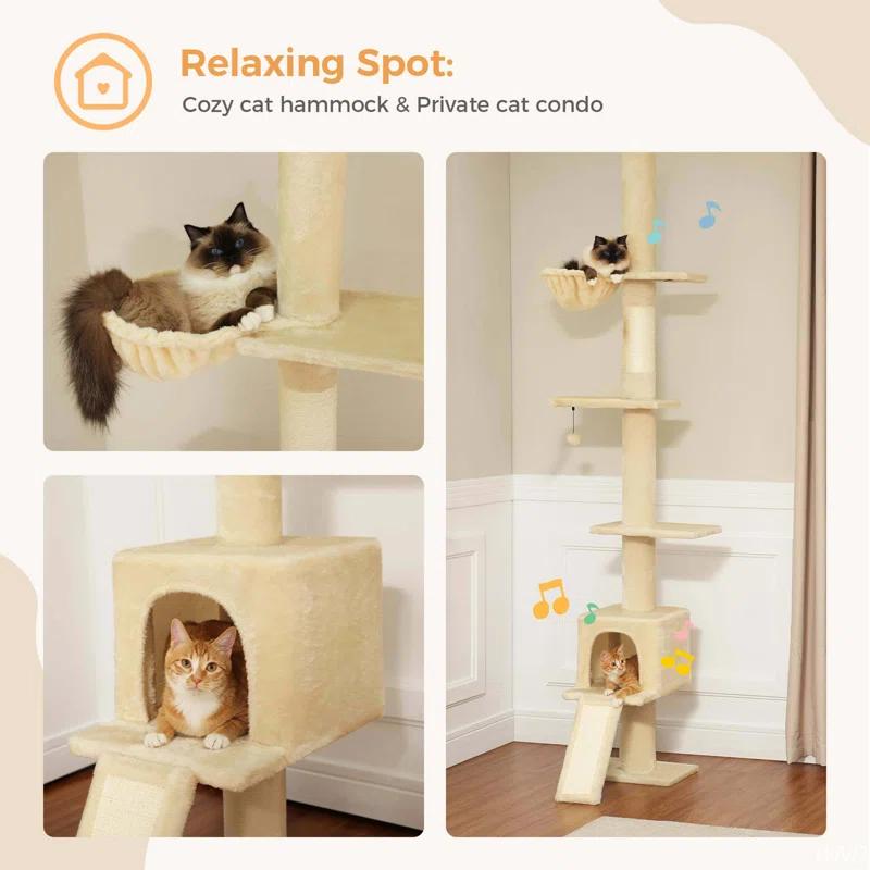 Adjustable Height Floor To Ceiling 5-Tier Tall Cat Tree Tower For Indoor Cats With Cat Condo, Cat Scratching Post And Cat Ladder