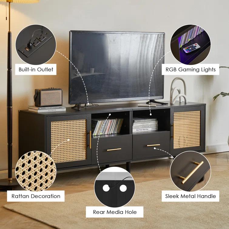 Bay Isle Home™ Heyer Large Wood Rattan TV Stand for TVs up to 75" with LED Light and Charging Station, Coastal Media Console Table, Multimedia Storage Furniture with 2 Drawers, Lighting TV Cabinet