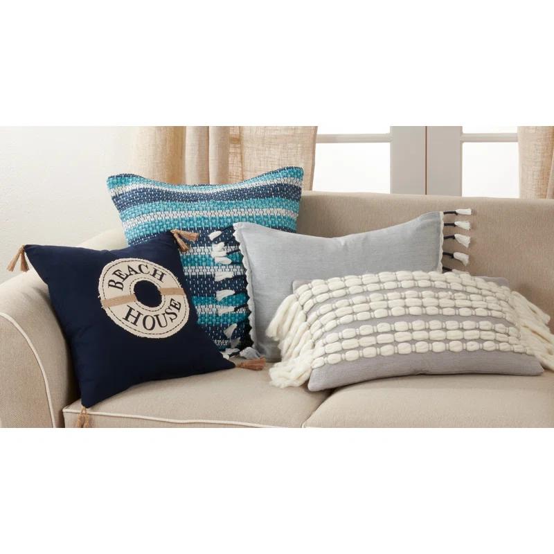 Saro Ocean Spray Design Tassels Cotton Reversible Throw Pillow
