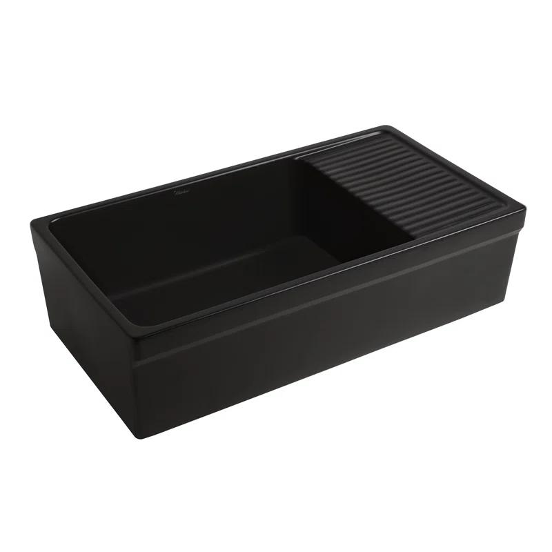 Whitehaus Collection WHQD540-M-BLACK Whitehaus Collection 36” Single Bowl Fireclay Kitchen Sink: Integral Drainboard, Lip Front Apron