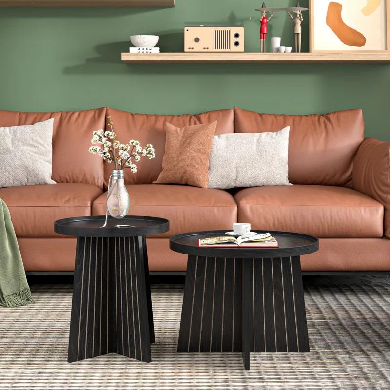 Gracie Oaks Round Fluted Nesting Coffee Table, 2 Piece Coffee Table Set For Living Room, Office, Balcony