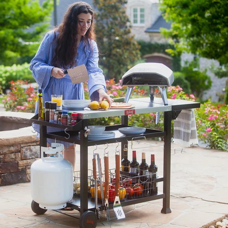 Feasto 3-Tier Stainless Steel Grill Cart - 40" Outdoor Pizza Oven Stand with Wheels, Mobile Kitchen Island for BBQ & Food Prep