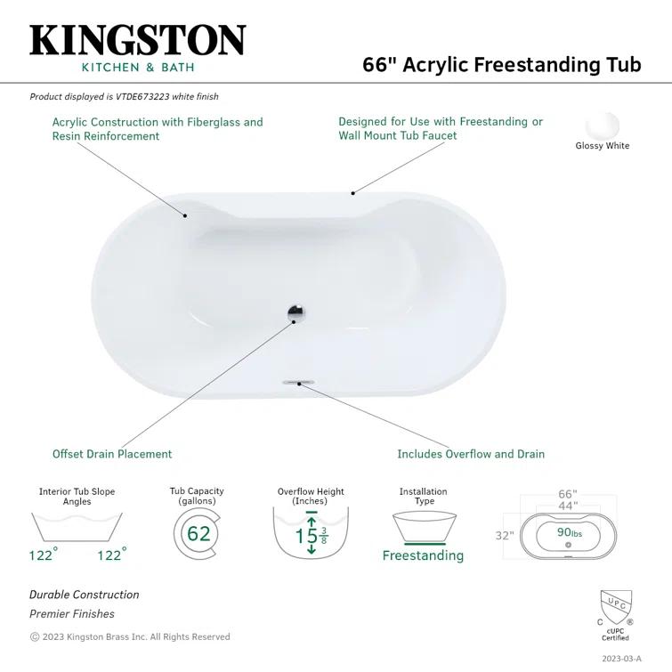 Kingston Brass Kingston Brass Aqua Eden 66-5/16-Inch Acrylic Oval Double Ended Freestanding Tub with Drain VTDE673223
