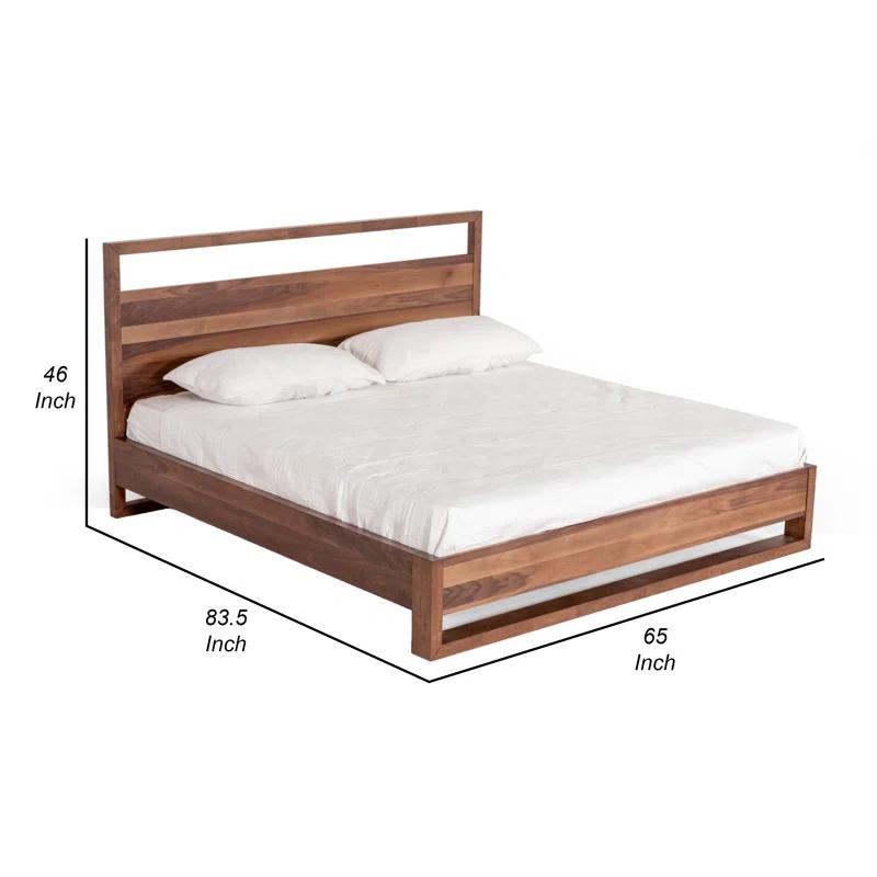 Benjara Lina Bed With Plank Style Tall Headboard, Modern Walnut Brown