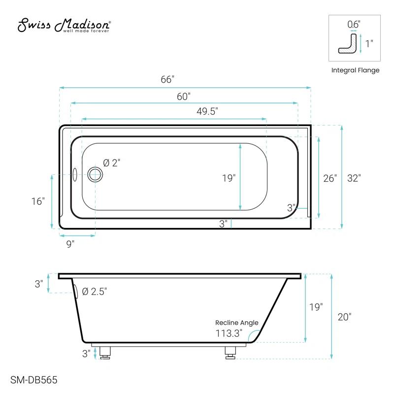 Swiss Madison SM-DB565 Voltaire 66" x 32" Alcove Bathtub