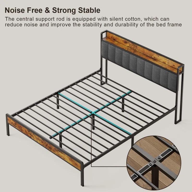 17 Stories Kewarra Platform, Metal Bed Frame with Storage Headboard, Sturdy and Stable