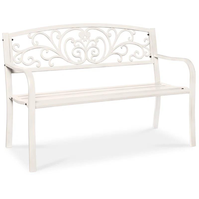 Alcott Hill® Outdoor Steel Bench Garden Patio Porch Furniture W/ Floral Design Backrest
