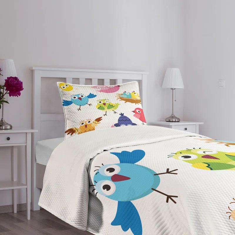 Ambesonne Ambesonne Bird Bedspread Set Funny Birds Sun Cartoon Multicolor