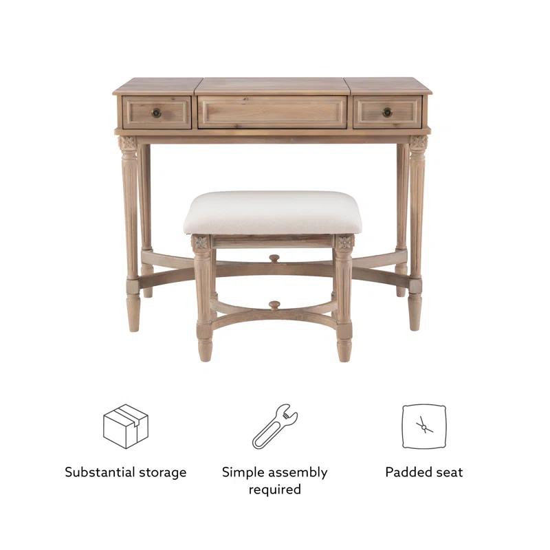Kelly Clarkson Home June Natural Two Drawer Flip Top Vanity Set with Stool