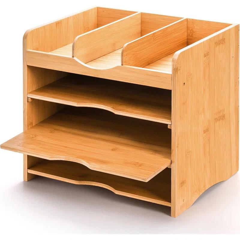 Hokku Designs Bamboo Desk File Organizer,Document Letter Tray Sorter With 2 Adjustable Shelves, 4 Tier Mail Organizer Countertop
