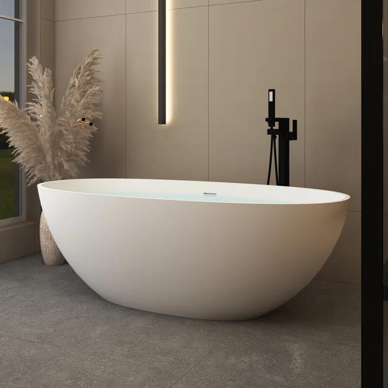 TCYO 65 in. x 30 in. Solid Surface Freestanding Soaking Bathtub with Center Drain in Matte White TYMYBT11-65MW