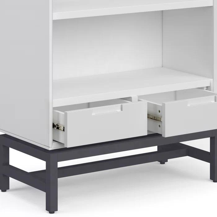 Simpli Home Banting 30"W Solid Wood 4 Shelf Industrial Bookcase with 2 Drawers, Adjustable Shelves, and Metal Base