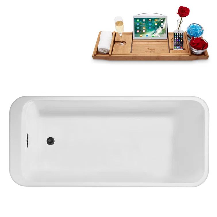 63" Streamline Freestanding Soaking Acrylic Bathtub With Drain and Bamboo Tray