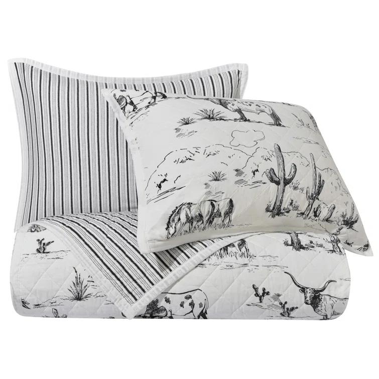Paseo Road by HiEnd Accents Ranch Life White/Black Cotton Reversible Western Rustic Farmhouse 3 Piece Quilt Set
