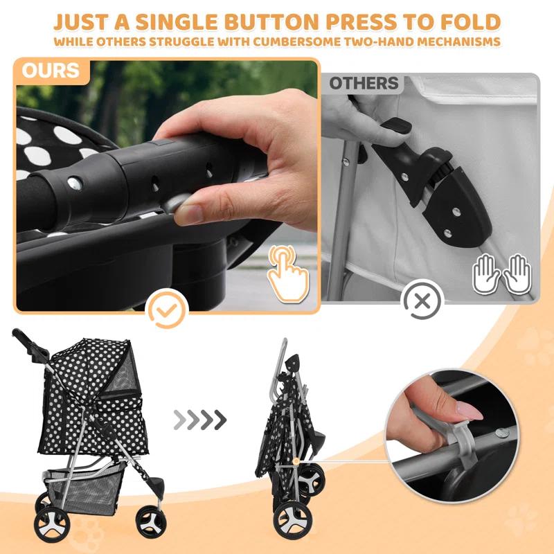 Pet Stroller Dog Cat Stroller Foldable Stroller With Adjustable Canopy