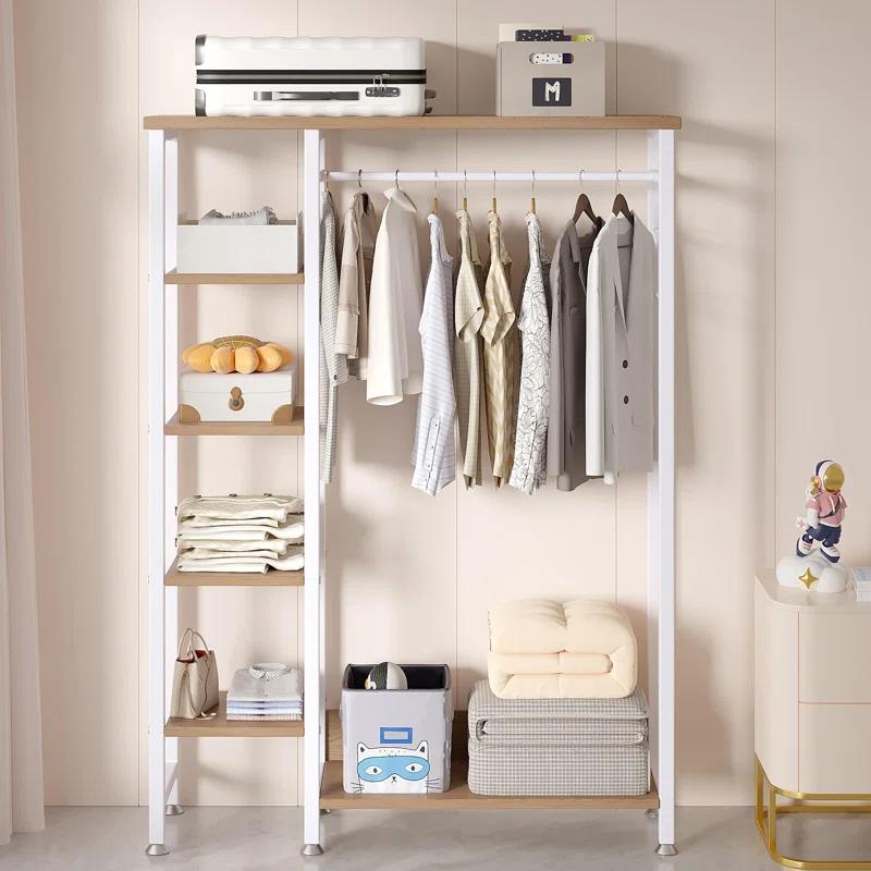 XIXIXIANGRONGAA Open Garment Clothing Rack, Free-Standing Heavy Duty Storage Closet With 5 Shelves And Hanging Rod For Small Spaces, Max Load 350LBS, White Oak