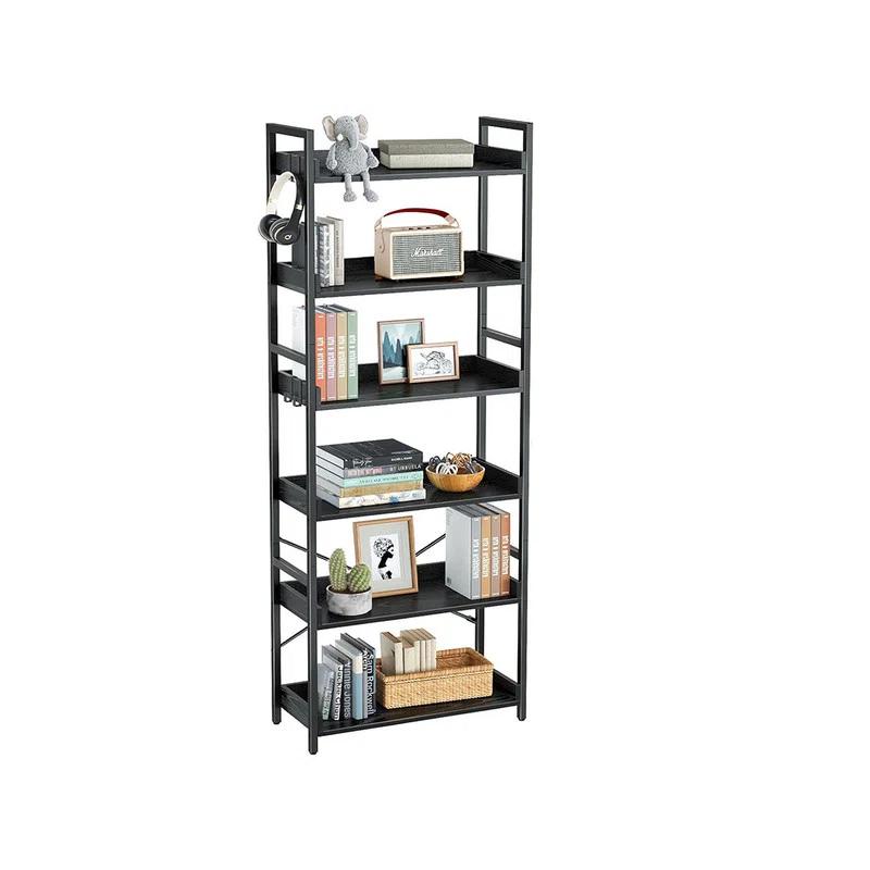 Bookshelf 6 Tier with 4 Hooks, Industrial Bookcase, Vintage Storage Rack with Open Shelves