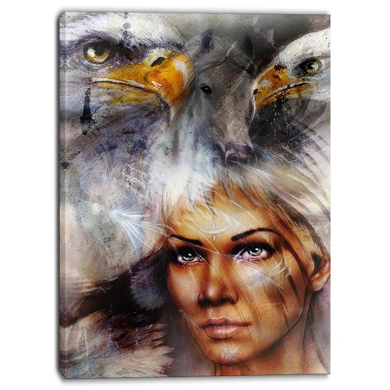 Design Art " Woman With Flying Eagles Portrait "