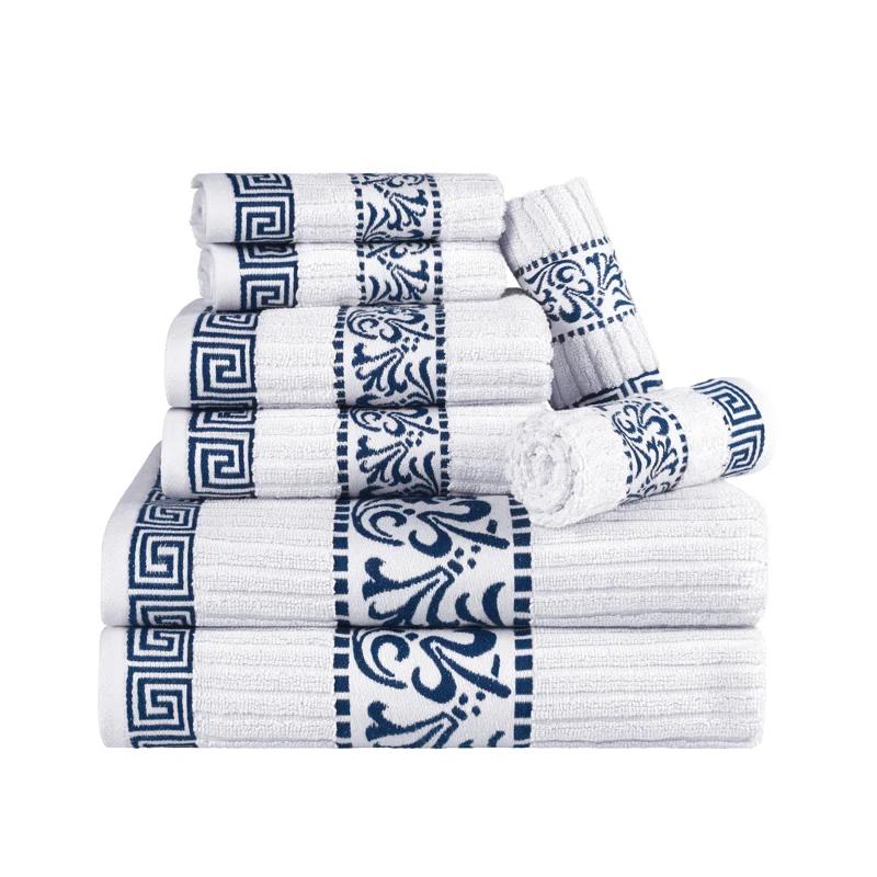 Superior Athens Cotton Medium Weight Floral Border Greek Key Trim 8 Piece Assorted Towel Set by Superior