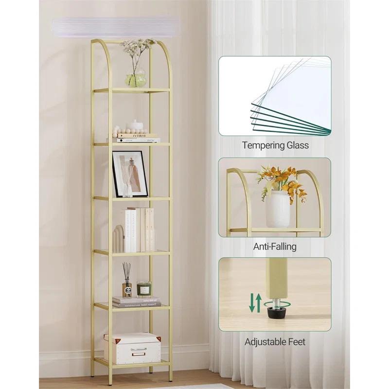 Mercer41 Bookcase Bookshelf, Tempered Glass Arched Bookshelf For More Storage, Slim Shelving Unit For Bedroom, Bathroom, Home Office, Steel Frame, 6 Tier Gold