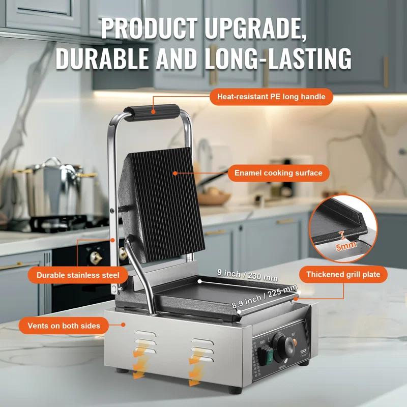 Stellweilan Tessberg Commercial Panini Press Grill Electric Sandwich Maker Griddle Plate 9"x9"