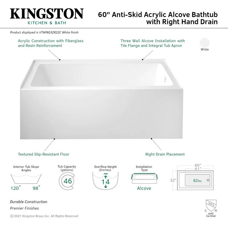 Kingston Brass VTAP6032R22C Kingston Brass Aqua Eden 60-Inch Acrylic Rectangular 3-Wall Alcove Tub with Anti-Skid Surface