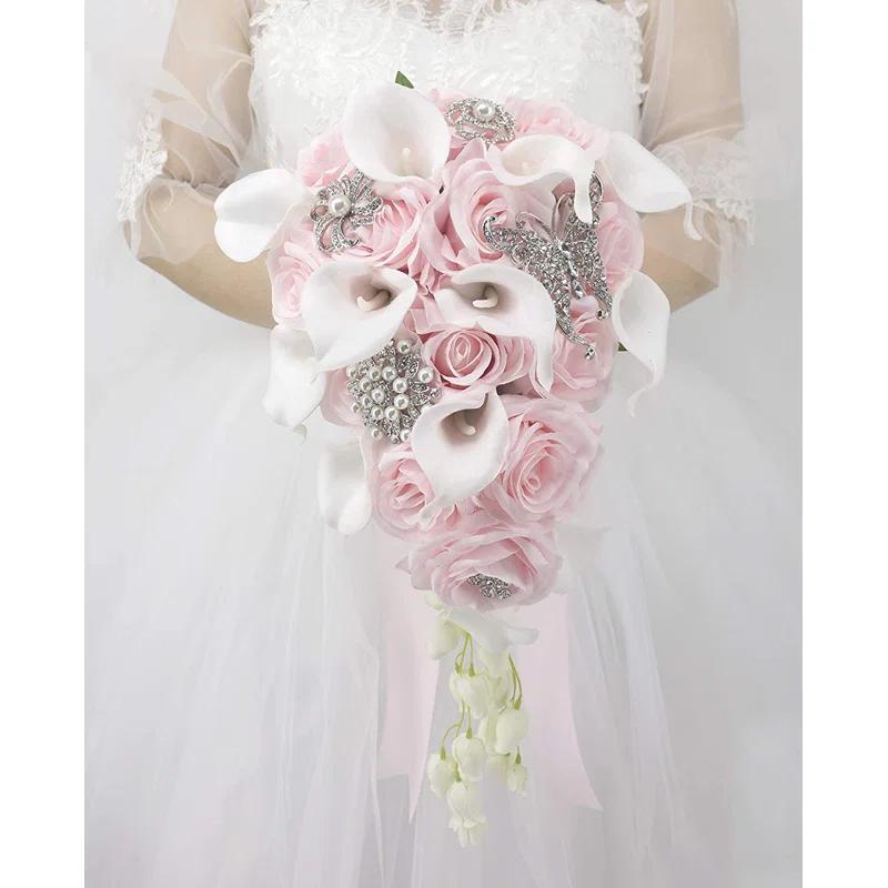 Abbie Home Calla Lily and Rose Cascading Bride Bouquet Waterfall Wedding Flower with Jewelry Décor