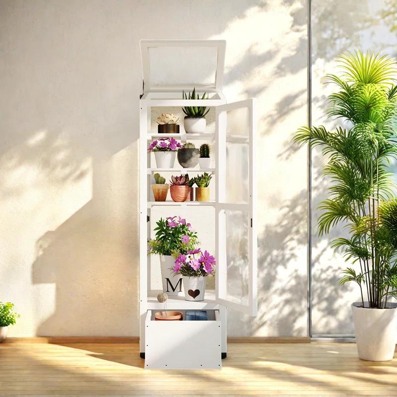 mosaicmotifco Wood Garden Greenhouse Balcony Portable Mini Cold Frame With Movable Storage Box, Adjustable Shelves And 1 Drawer