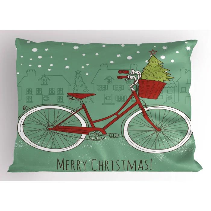 Ambesonne Ambesonne Christmas Pillow Sham 2 Pack Retro Bike Xmas Trees Almond Green Red White
