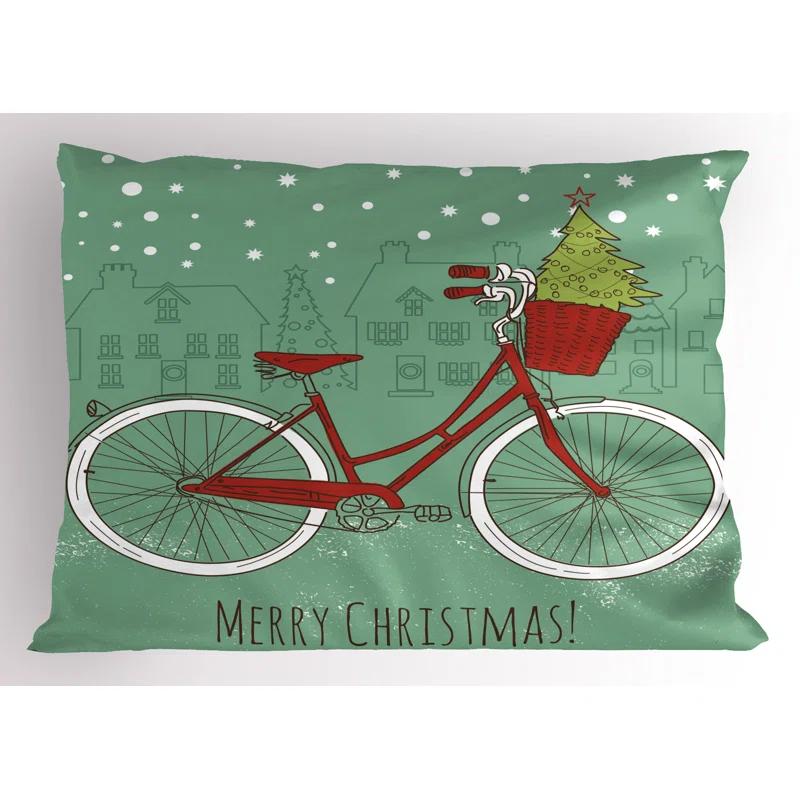 Ambesonne Ambesonne Christmas Pillow Sham 2 Pack Retro Bike Xmas Trees Almond Green Red White