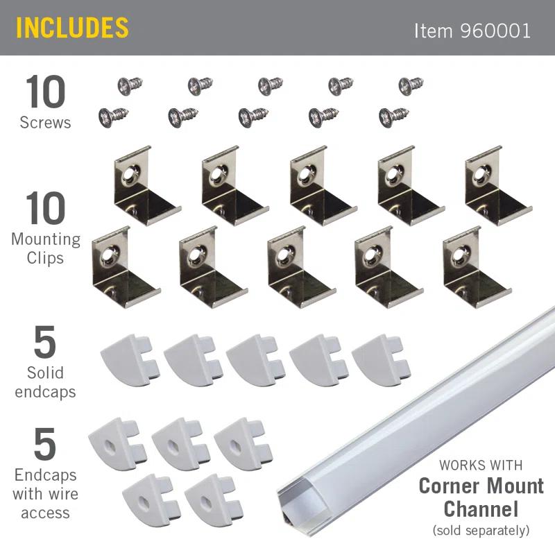 Accessory Packs for LED Tape Light Mounting Channels, Corner Mount, Grey