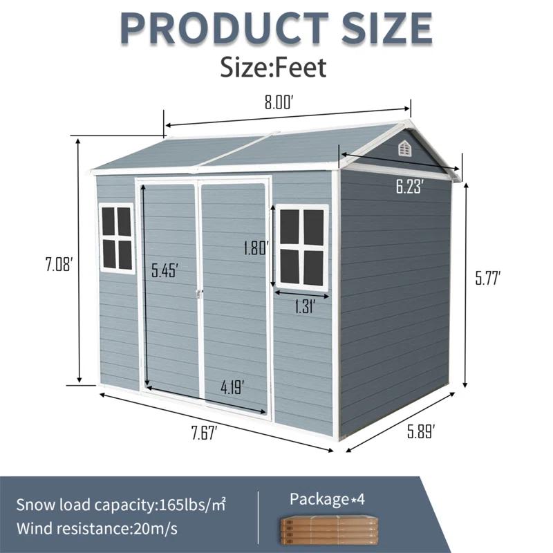 Tryimagine 8 X 6 Ft Resin Outdoor Storage Shed Waterproof Shed With Floor & Two Windows & Lockable Door, Tool Shed For Garden, Patio, Backyard