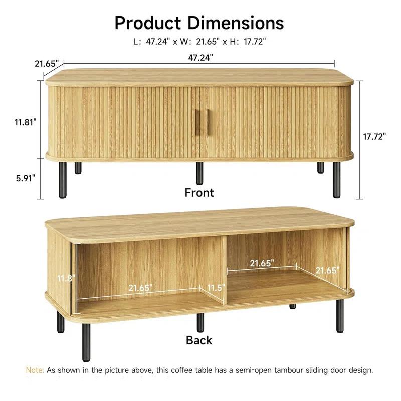 Latitude Run® Coffee Table with Storage, 47.2" Modern Coffee Tables for Living Room, Rectangle Center Table with Sliding Tambour Door & Adjustable Leg for Living Room