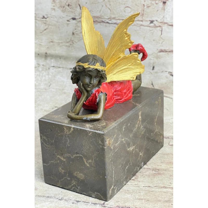 Trinx Kachri Colorful Resting Fairy Girl Child Bronze Metal Figurine Sculpture On Marble Base