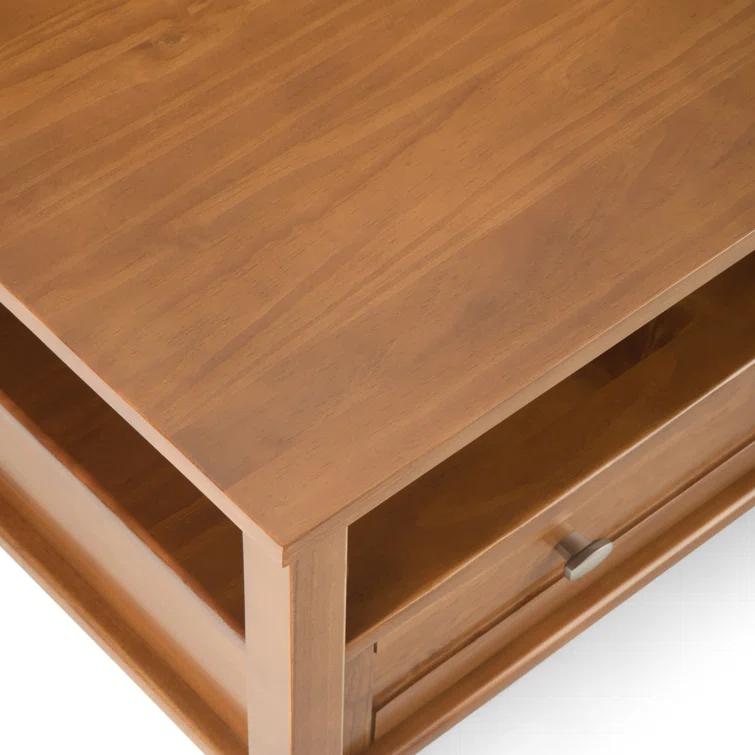 Simpli Home Warm Shaker 36"W Solid Wood Square Coffee Table with Two Drawers and Open Shelf