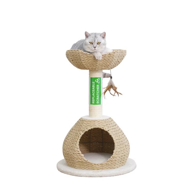 PetPals PetPals Walk Up Cat Tree with Fleece Perch, Handwoven Basket, and Sisal Scratching Post, Eco-Friendly Cat Furniture, Beige