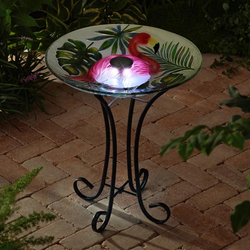 Hi-Line Gift Ltd. Solar LED Verdant Glass Bird Bath with Stand - Flamingo