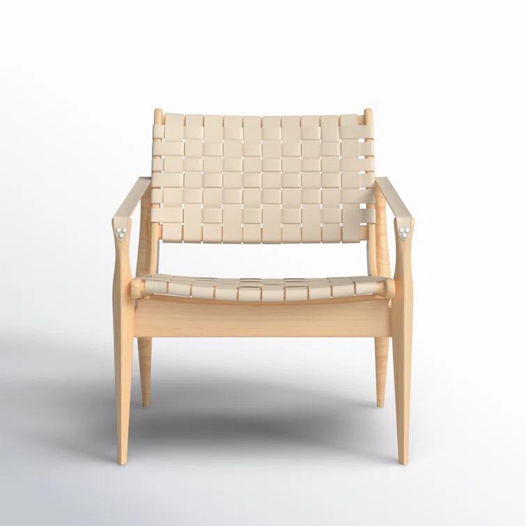 Cherry Mahogany & Woven Leather Safari Accent Chair - White