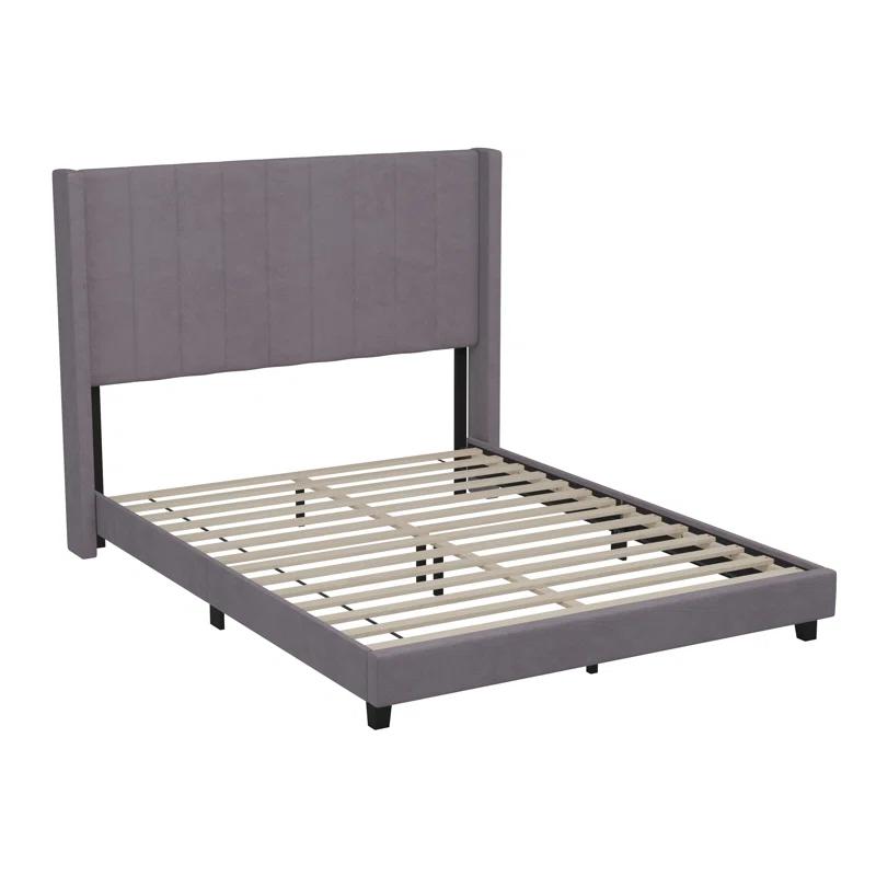 Ebern Designs Upholstered Platform Bed with Vertical Stitched Wingback Headboard, Slatted Mattress Foundation