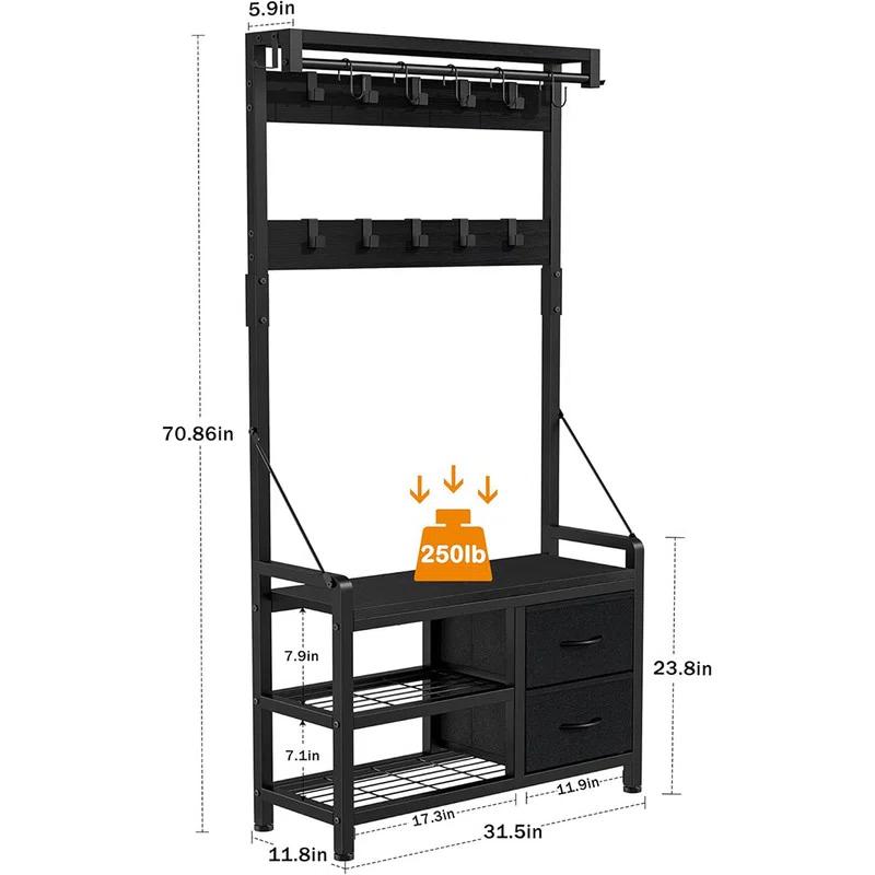 Hall Tree, 31” Entryway Bench with Coat Rack freestanding, 5 in 1 Intelligent Design Shoe Bench
