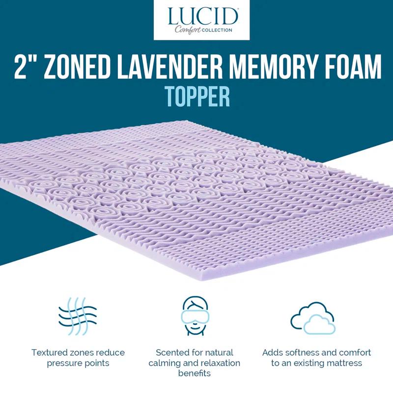 Lucid Comfort Collection 2" Zoned Lavender Memory Foam Mattress Topper